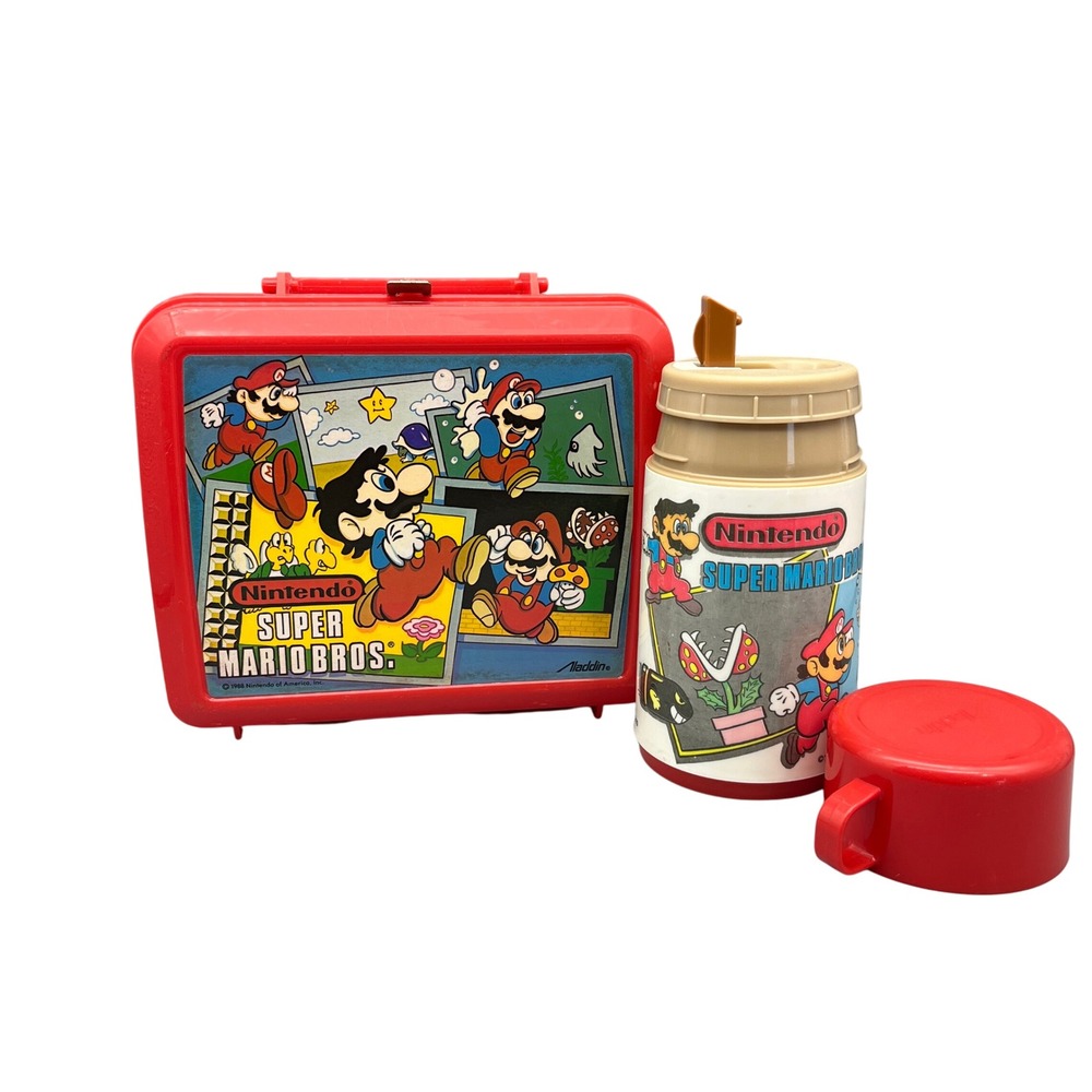 Vintage 1988 Nintendo Super Mario Bros Lunchbox and‎ Aladdin Thermos